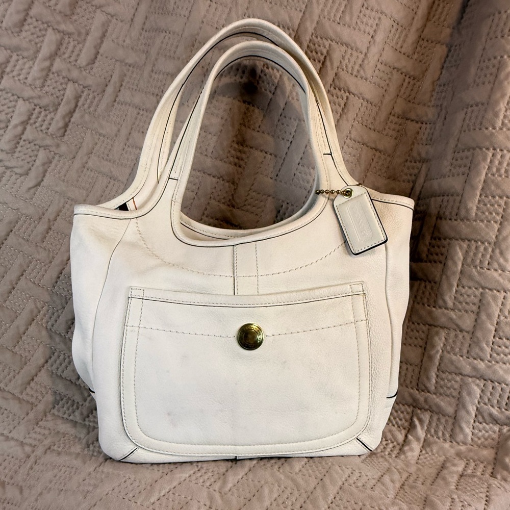 Coach Classic White Leather Tote with Front Pocket and Gold-Tone Accent
